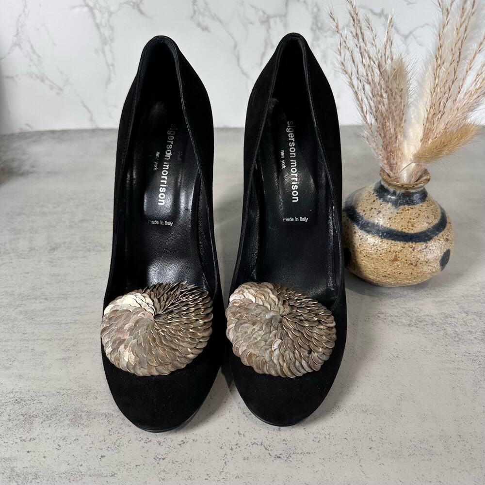 Sigerson Morrison Flair Silk Black Suede Sahara Heels Women's US6.5 EU40 Metal